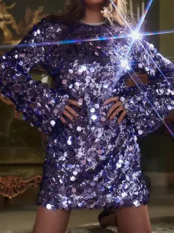 Club Dress Jewel Neck Sexy Sequins Long Sleeves Purple Sexy Dress