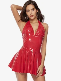 Club Dress Red Sleeveless PU Leather Sexy Dress Pole Dance Suits