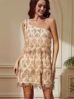 Club Dress Straps Neck Sexy Fringe Sleeveless Geometric Champagne Sexy Dress