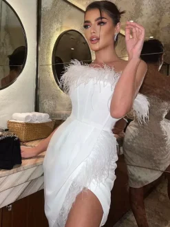 Club Dress White Strapless Pleated Sleeveless Sexy Dress