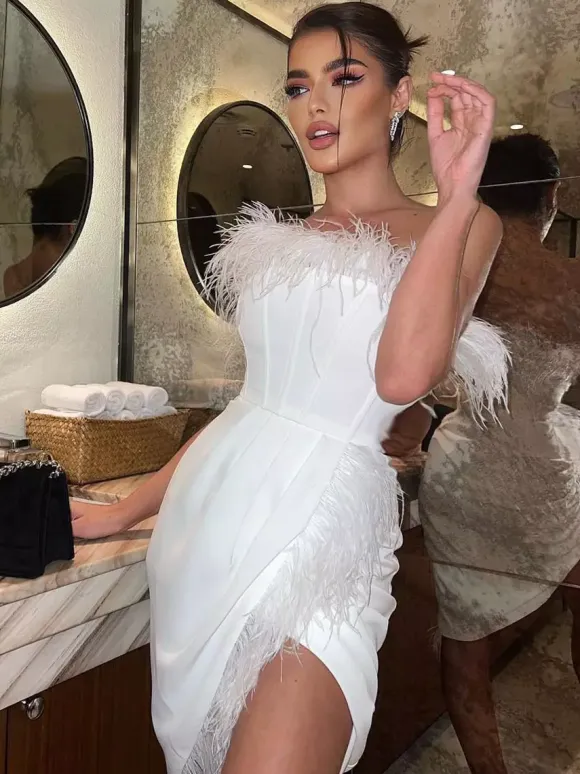 Club Dress White Strapless Pleated Sleeveless Sexy Dress