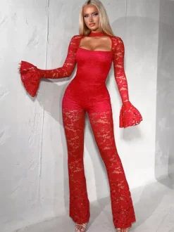 Club Jumpsuit Casual Polyester Long Sleeves Halter Lace Clubwear