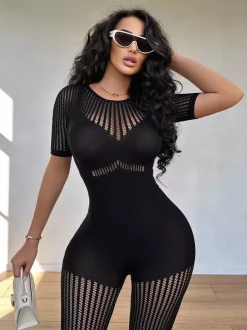 Club Jumpsuit Jewel Neck Cut Out Short Sleeves Sexy Clubwear