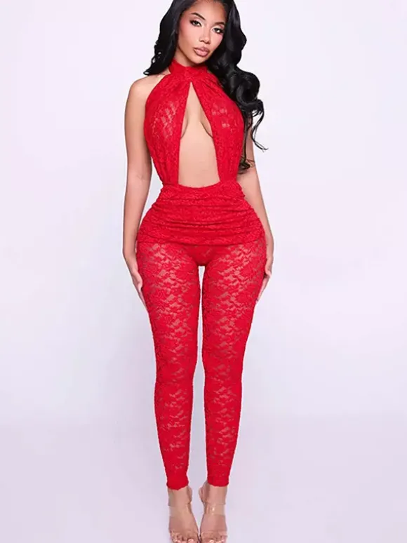 Club Jumpsuit Jewel Neck Lace Sleeveless Backless Sexy Clubwear