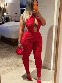 Club Jumpsuit Jewel Neck Lace Sleeveless Backless Sexy Clubwear