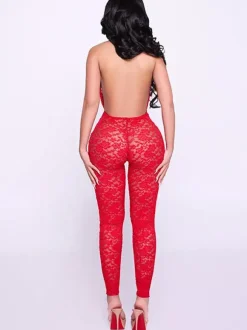 Club Jumpsuit Jewel Neck Lace Sleeveless Backless Sexy Clubwear