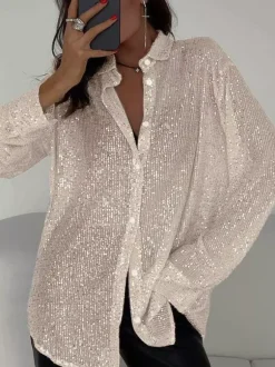 Clubwear Cardigans Trendy Turndown Collar Sequins Long Sleeves Polyester Cardigans