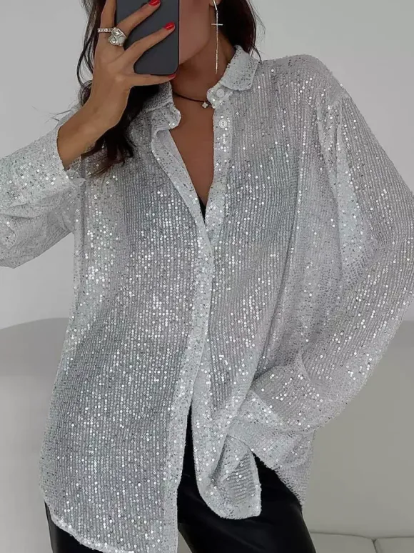 Clubwear Cardigans Trendy Turndown Collar Sequins Long Sleeves Polyester Cardigans