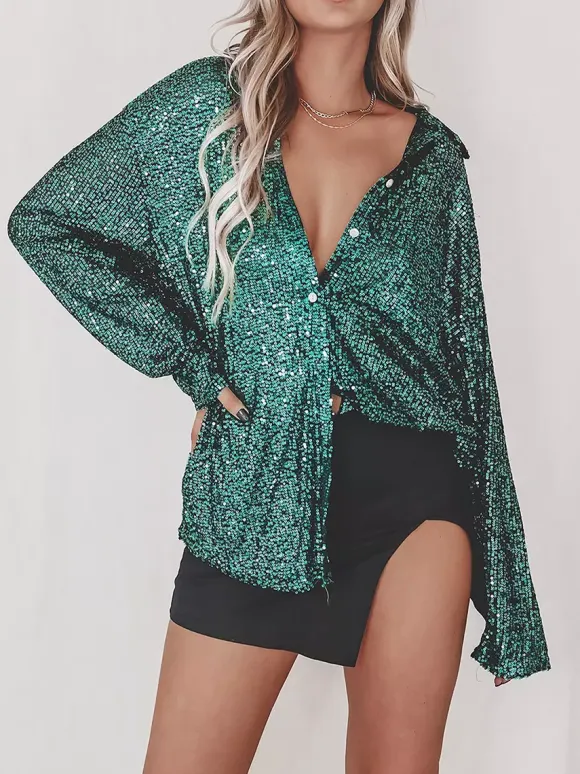 Clubwear Cardigans Trendy Turndown Collar Sequins Long Sleeves Polyester Cardigans