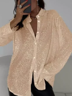 Clubwear Cardigans Trendy Turndown Collar Sequins Long Sleeves Polyester Cardigans