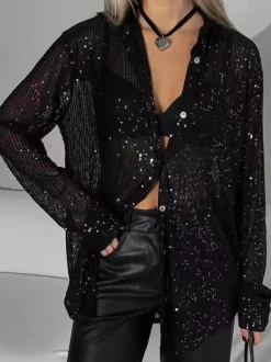 Clubwear Cardigans Trendy Turndown Collar Sequins Long Sleeves Polyester Cardigans