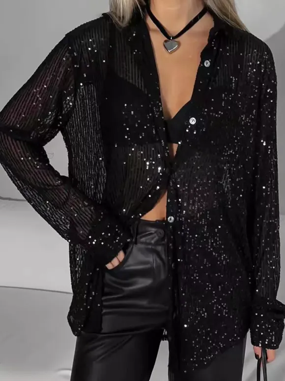 Clubwear Cardigans Trendy Turndown Collar Sequins Long Sleeves Polyester Cardigans