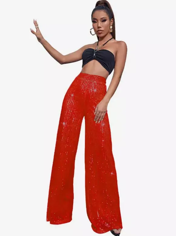Clubwear High Waist Sequin Wide Leg Pants Shiny Glitter Palazzo Trousers
