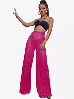 Clubwear High Waist Sequin Wide Leg Pants Shiny Glitter Palazzo Trousers