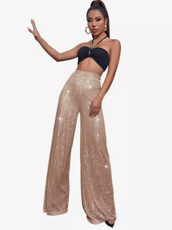 Clubwear High Waist Sequin Wide Leg Pants Shiny Glitter Palazzo Trousers