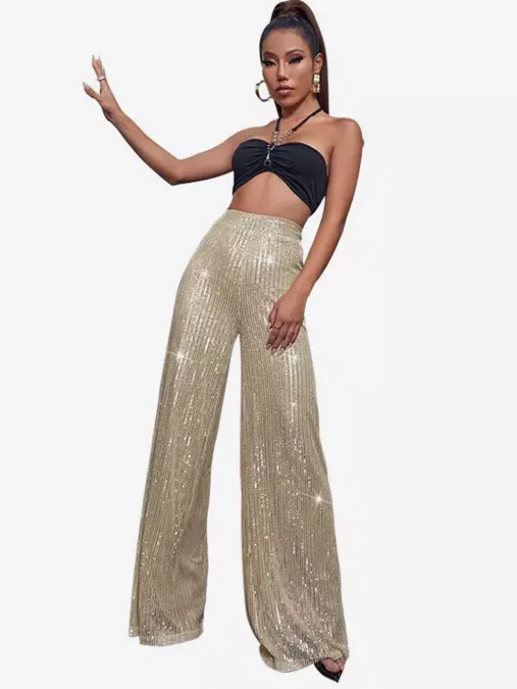 Clubwear High Waist Sequin Wide Leg Pants Shiny Glitter Palazzo Trousers
