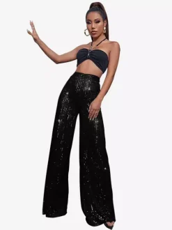 Clubwear High Waist Sequin Wide Leg Pants Shiny Glitter Palazzo Trousers