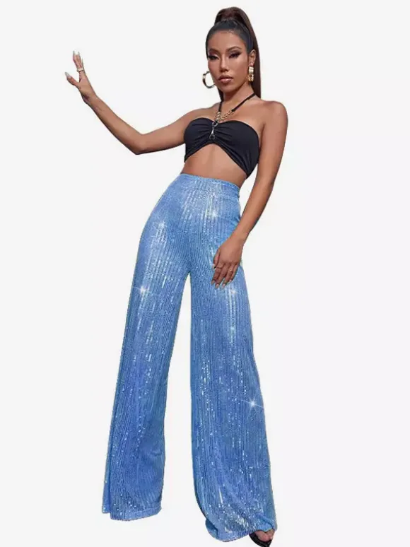 Clubwear High Waist Sequin Wide Leg Pants Shiny Glitter Palazzo Trousers