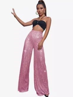 Clubwear High Waist Sequin Wide Leg Pants Shiny Glitter Palazzo Trousers
