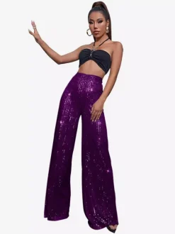 Clubwear High Waist Sequin Wide Leg Pants Shiny Glitter Palazzo Trousers