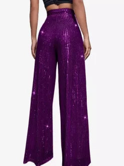 Clubwear High Waist Sequin Wide Leg Pants Shiny Glitter Palazzo Trousers