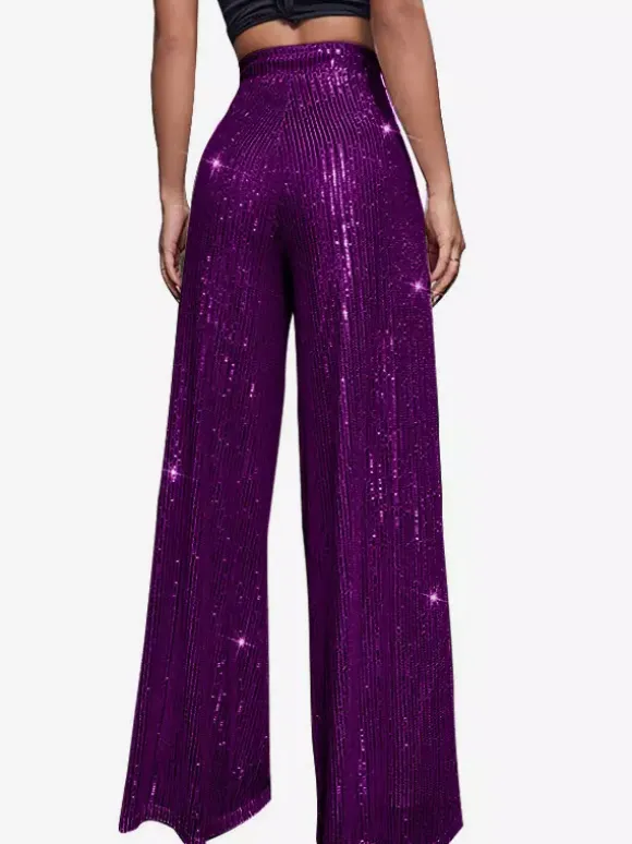 Clubwear High Waist Sequin Wide Leg Pants Shiny Glitter Palazzo Trousers