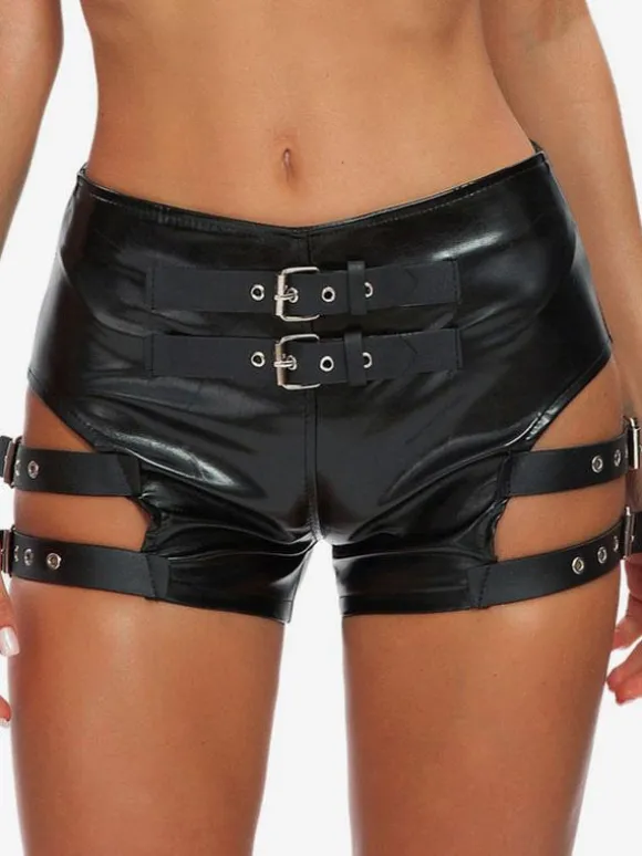 Clubwear Metal Details Sexy Black PU Leather Bottoms