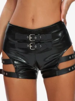Clubwear Metal Details Sexy Black PU Leather Bottoms