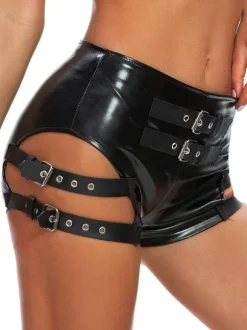 Clubwear Metal Details Sexy Black PU Leather Bottoms