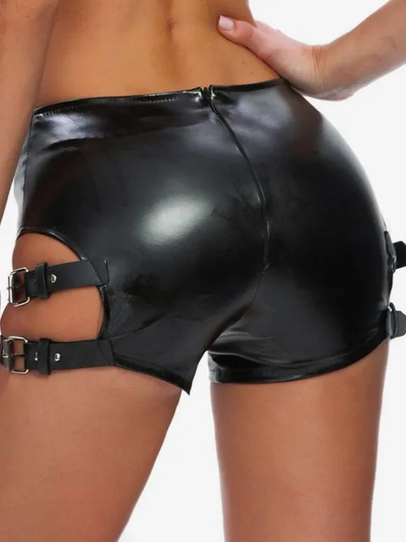 Clubwear Metal Details Sexy Black PU Leather Bottoms