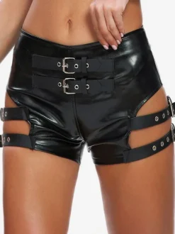 Clubwear Metal Details Sexy Black PU Leather Bottoms