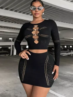 Clubwear Sets Cut Out Long Sleeves Sexy Club Outfits
