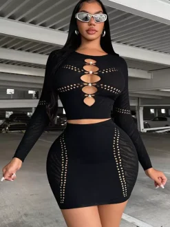 Clubwear Sets Cut Out Long Sleeves Sexy Club Outfits