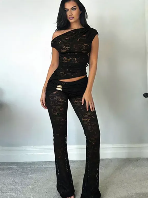 Clubwear Sets Lace Polyester Sleeveless Sexy Club Outfits