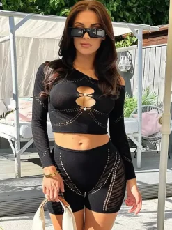 Clubwear Sets Pearls Long Sleeves Sexy Club Outfits
