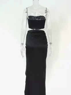 Clubwear Sets Strapless Fringe Corset Top Ruched High Slit Maxi Skirt Two Piece Set
