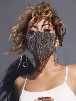 Clubwear Stylish Rhinestones Geometric Mesh Sparkling Crystal Chain Face Mask