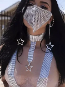 Clubwear Stylish Rhinestones Geometric Mesh Sparkling Crystal Chain Face Mask
