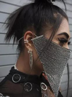 Clubwear Stylish Rhinestones Geometric Mesh Sparkling Crystal Chain Face Mask