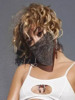 Clubwear Stylish Rhinestones Geometric Mesh Sparkling Crystal Chain Face Mask