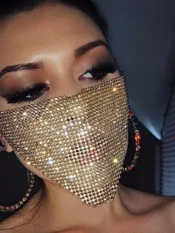 Clubwear Stylish Rhinestones Geometric Mesh Sparkling Crystal Chain Face Mask