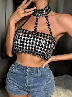 Clubwear Top Fashion Strapless Chains Geometric Halter Backless Top