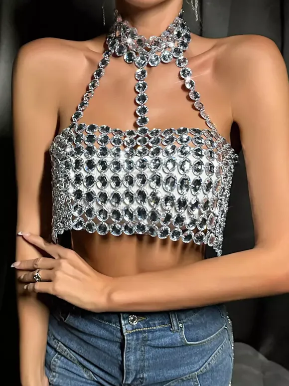 Clubwear Top Fashion Strapless Chains Geometric Halter Backless Top