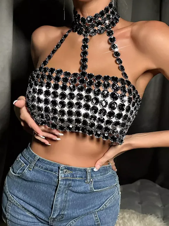Clubwear Top Fashion Strapless Chains Geometric Halter Backless Top