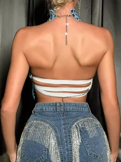 Clubwear Top Fashion Strapless Chains Geometric Halter Backless Top