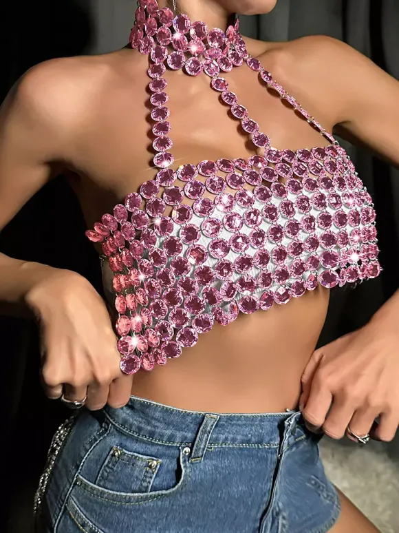 Clubwear Top Fashion Strapless Chains Geometric Halter Backless Top