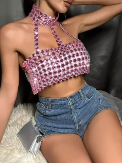 Clubwear Top Fashion Strapless Chains Geometric Halter Backless Top