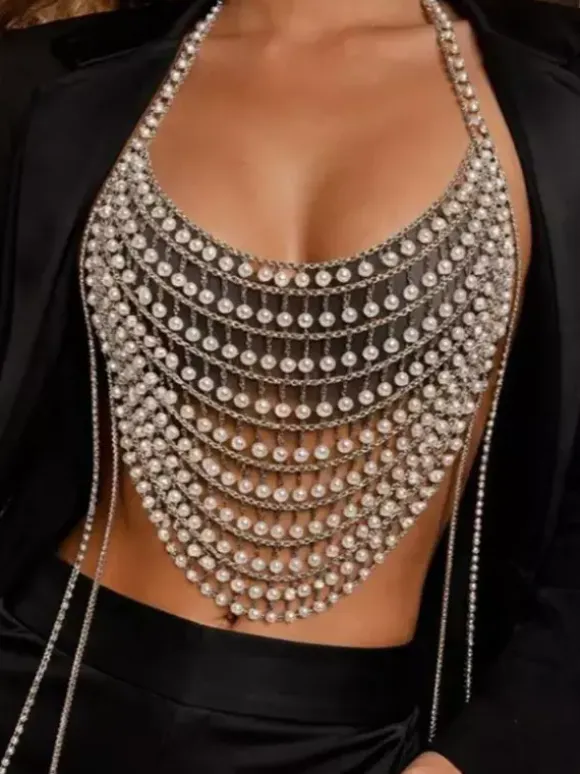 Clubwear Top Gorgeous V-Neck Pearls Sleeveless Geometric Backless Tops