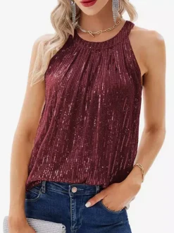 Clubwear Top Sexy Halter Sequins Sleeveless T-shirt