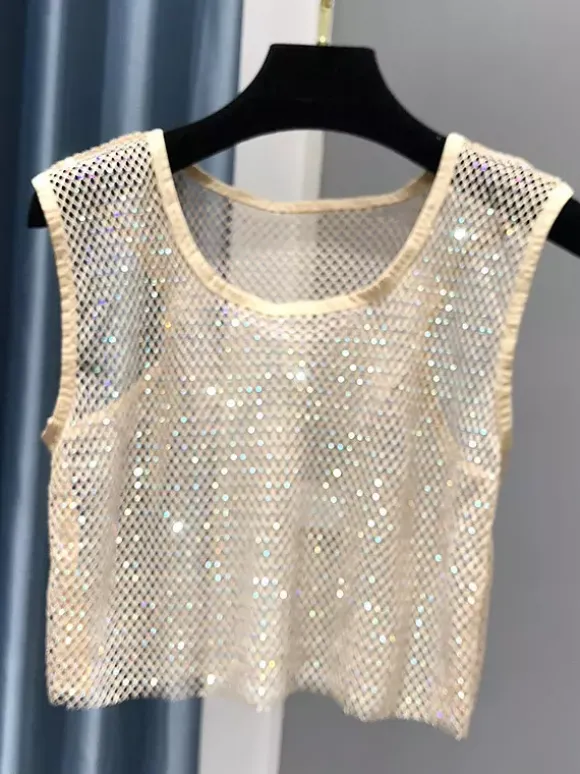 Clubwear Top Sexy Jewel Neck Nets Sleeveless Polyester Clothes